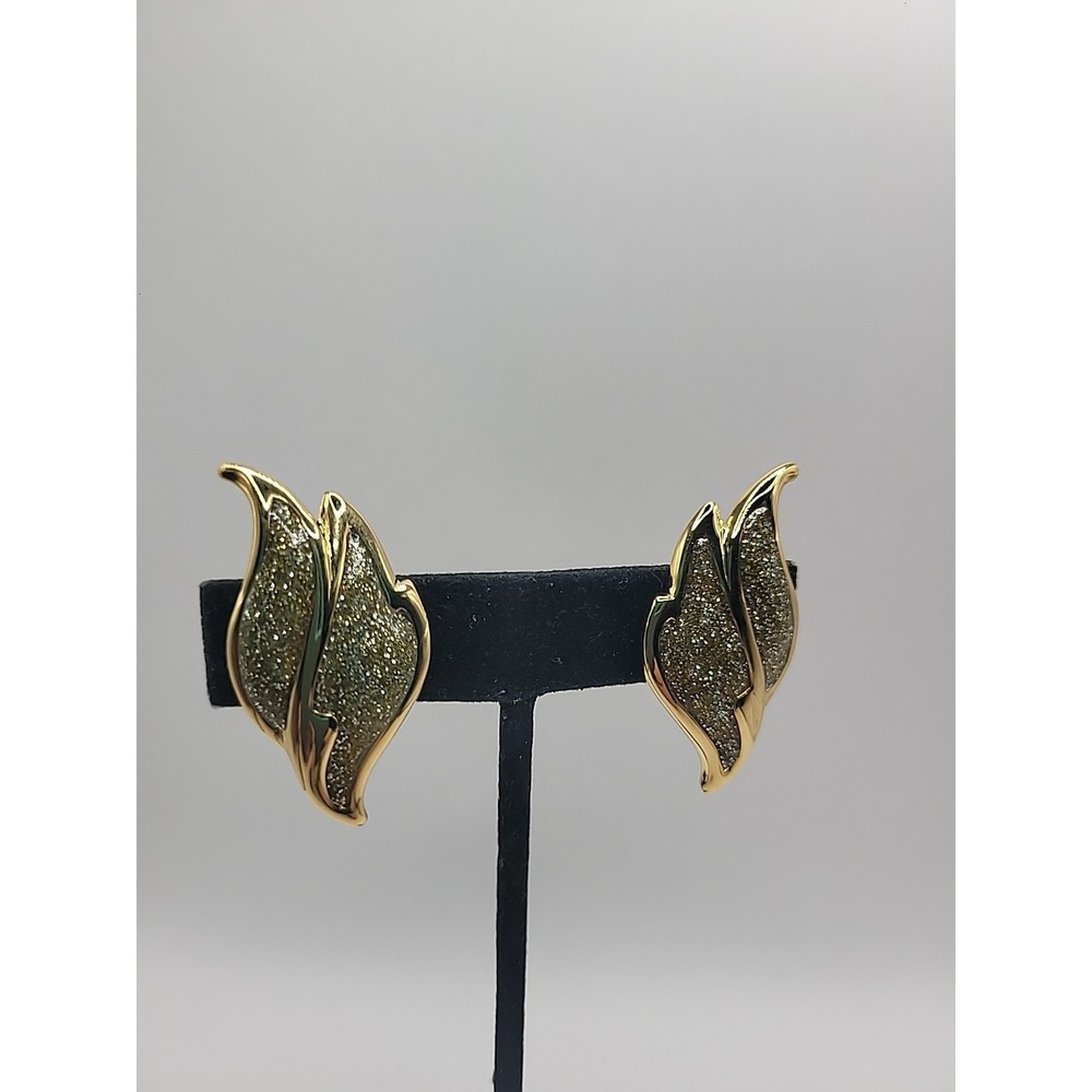 Vintage Gold Tone‎ Leaf Clip On Earrings Sparkle Textured Statement Jewelry